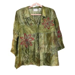 Alfred Dunner 100% Silk Beaded Embellished Crinkle Button Down Shirt Boho Fairy